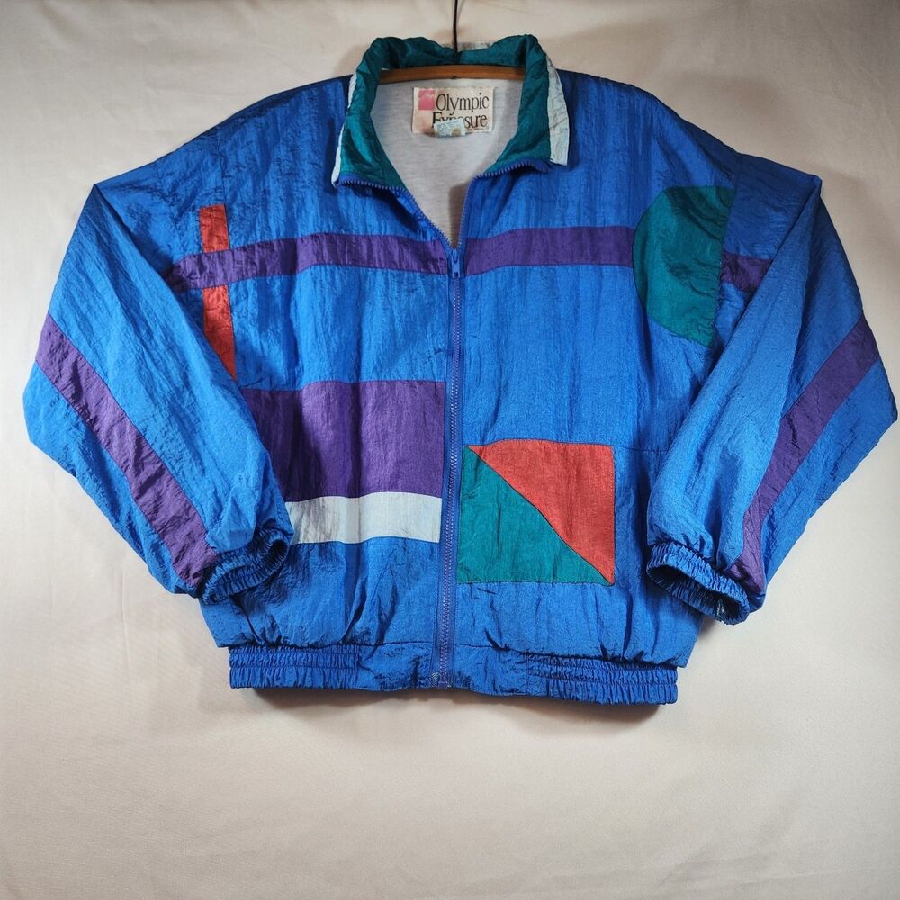 Vintage Olympic Exposure Womens Windbreaker Jacket Size Medium Blue Purple Red